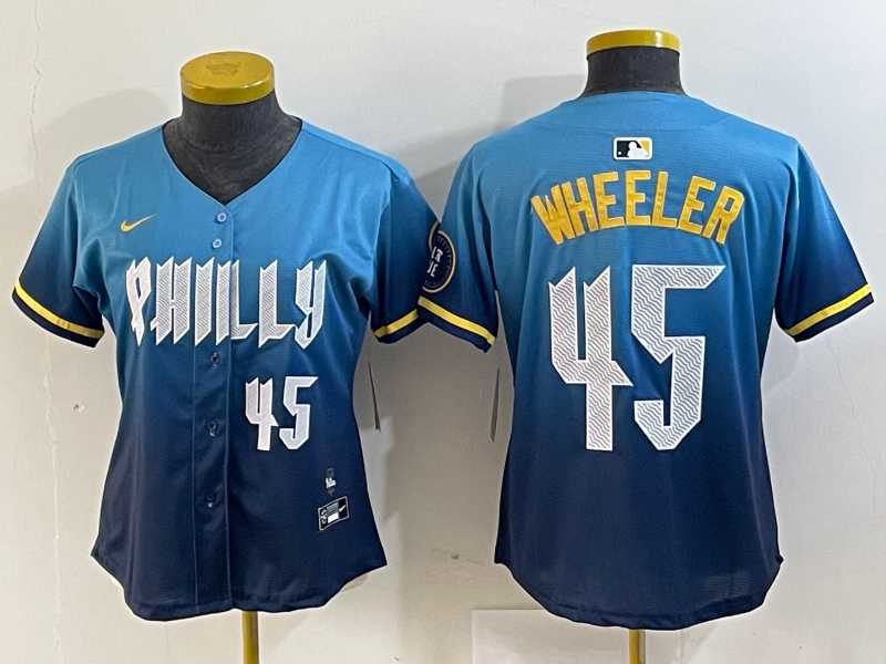 Women%27s Philadelphia Phillies #45 Zack Wheeler Blue 2024 City Player Number Cool Base Stitched Jersey